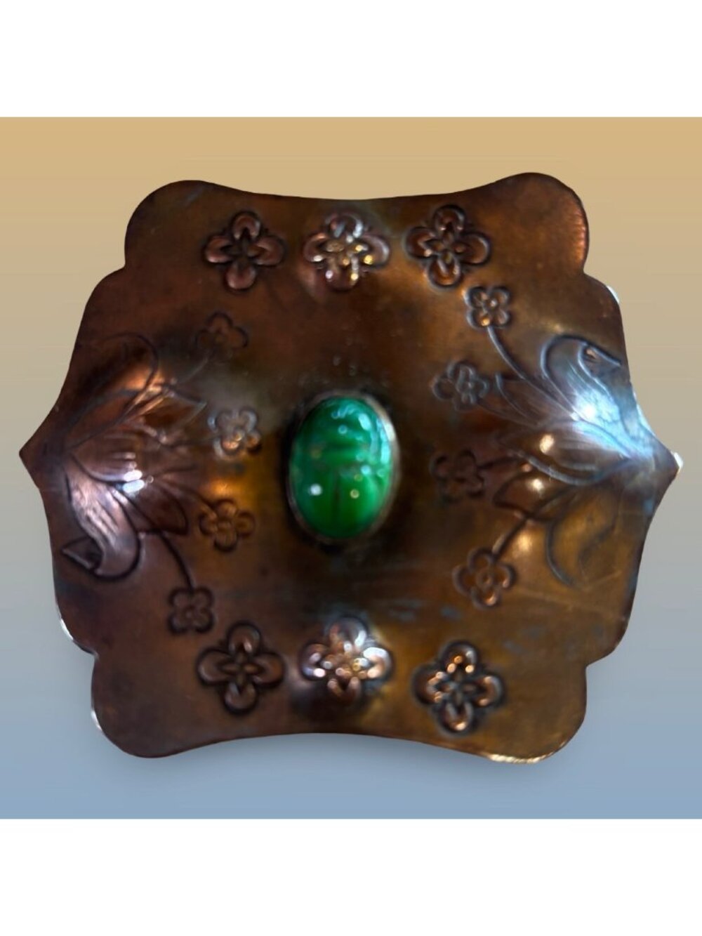 Brass Scarab Brooch With Green Glass Center Vintage Statement Gift